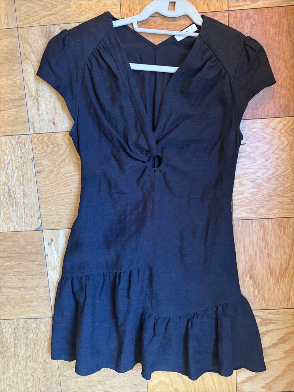 Sandro Black Cap-Sleeve Ruffled Hem Summer Dress with Keyhole